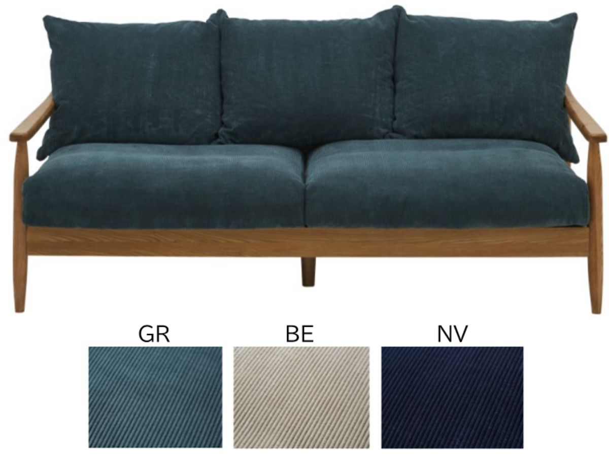 オーク材のフレームとコーデュロイ素材の3人掛けソファーの画像1